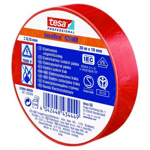 Levně Páska elektroizolační PVC 53947, IEC, 20 m x 19 mm, červená, TESA