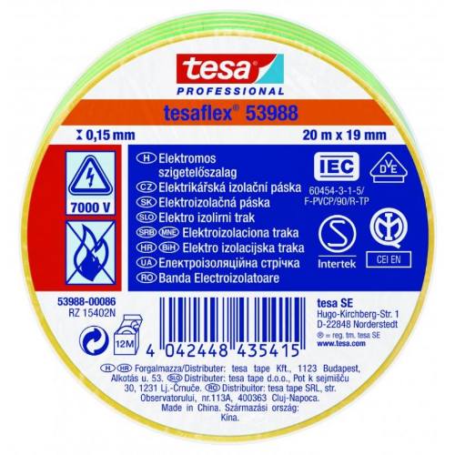 Levně Páska elektroizolační PVC 53988, IEC, 20 m x 19 mm, žlutozelená, TESA