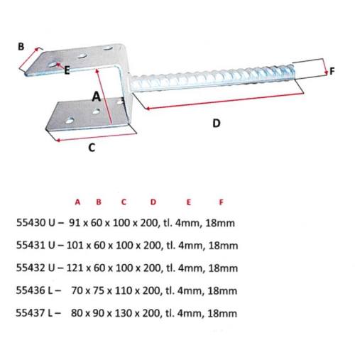 Patka sloupku U, 121 x 60 x 100 x 200 mm, tloušťka 4 mm