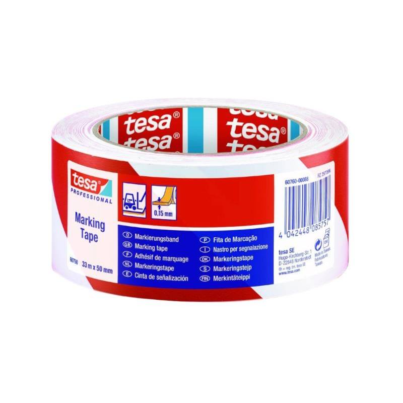Páska výstražná samolepiaca PVC, 60760, 33 m x 50 mm, samolepiaca, červeno-biela
