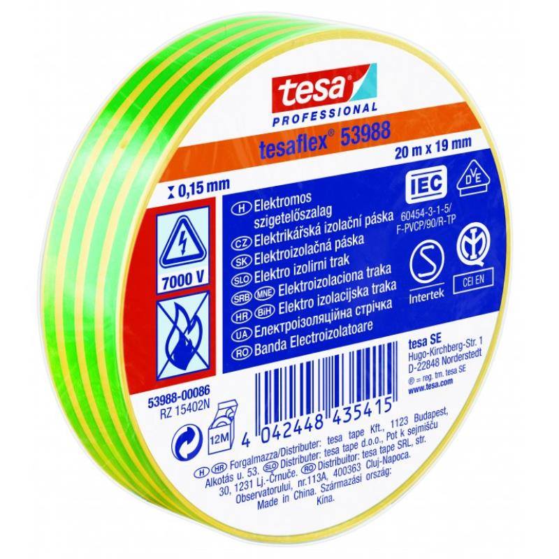 Páska elektroizolačná PVC 53988, IEC, 20 m x 19 mm, žltozelená, TESA
