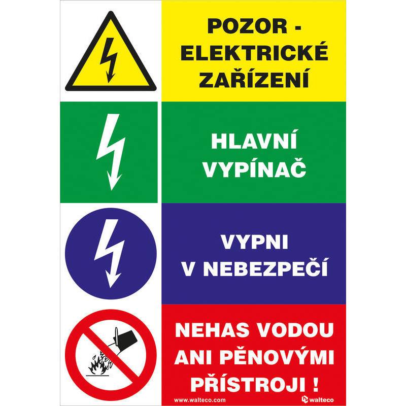 Pozor el. zařízení ... - čtyřkombinace, Samolepka, formát A5, Samolepicí